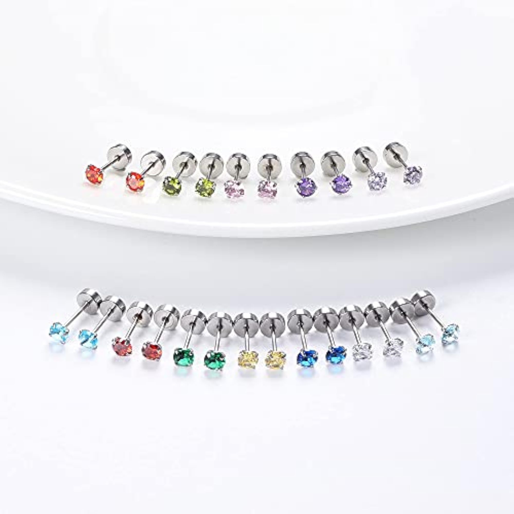 12 Pair 18K Silver Plated MultiColor CZ Crystal Stud Earrings Set